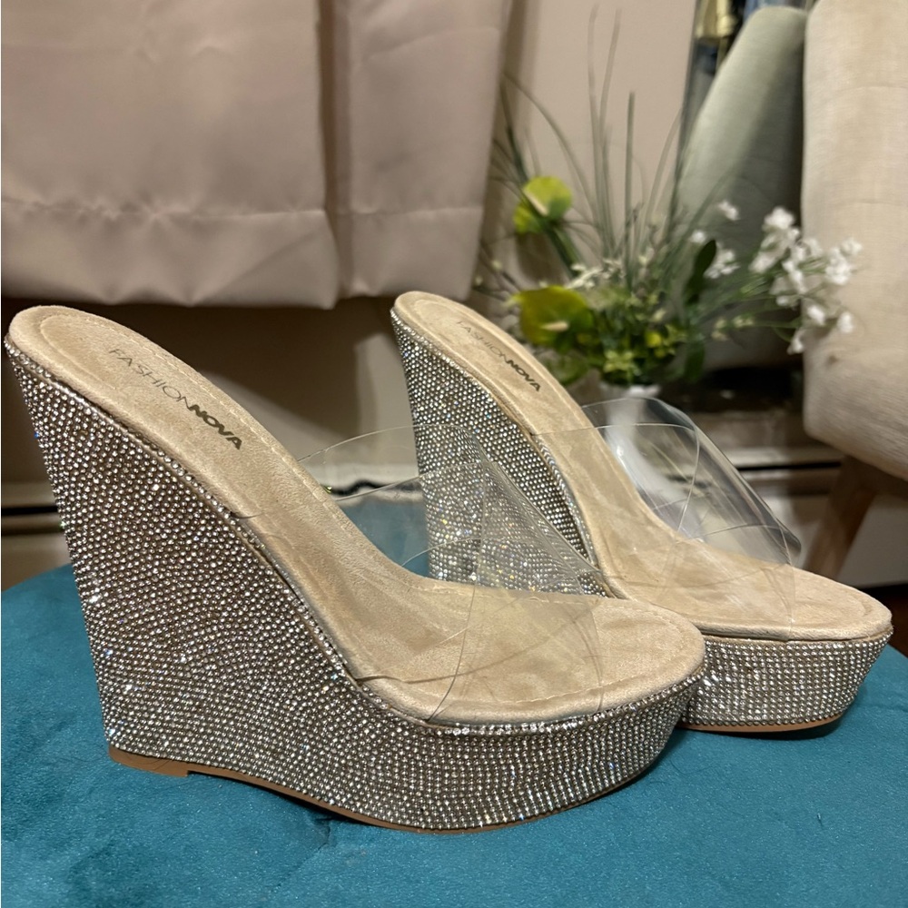 Fashion Nova Silver Rhinestone Wedged Heels
